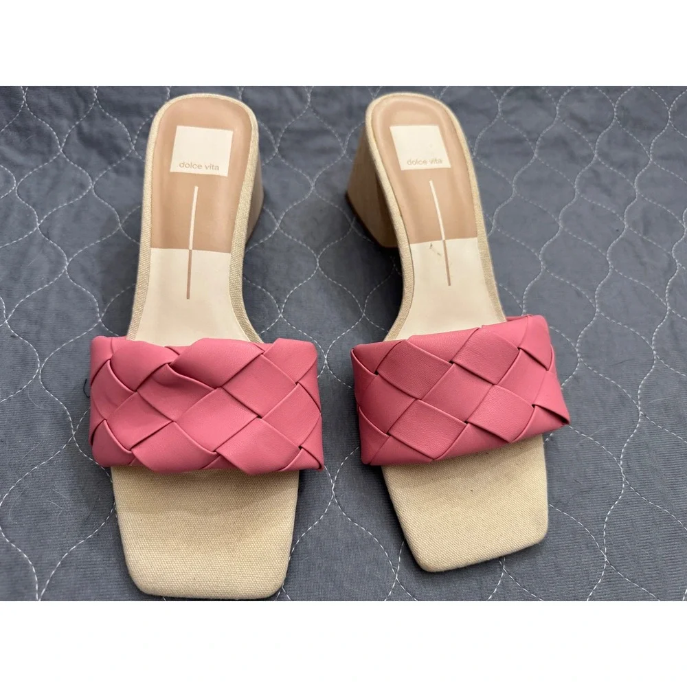 Dolce Vita Paily Pink Braided Block Heel Sandals Square Toe Mules Womens 9.5